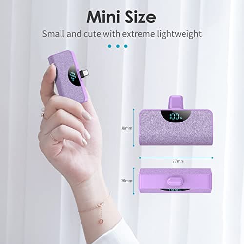 Mini Portable Charger USB-C Power Bank 5200mAh,Ultra Compact LCD Display Battery Pack Backup Charger Compatible with iPhone 17/17 Air/17 Pro/17 Pro Max/16/16 Plus/16 Pro Max/15 Series,Samsung- Purple 5