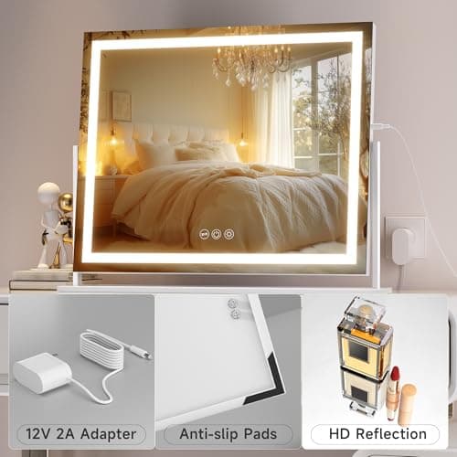 Hasipu Vanity Mirror with Lights, 23.6" x 18.1" LED Makeup Mirror, Light up Mirror with Smart Touch 3 Colors Dimmable, Brightness Adjustment, 360° Rotation (White) 6