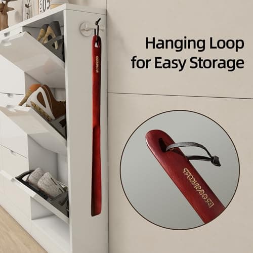 Brosisincorp Wooden Shoe Horn Long Handle For Seniors 23.6" Easy Wear Helper Shoehorns Women Kids Baby Elderly Hanging Rings Red Beech Wood 6