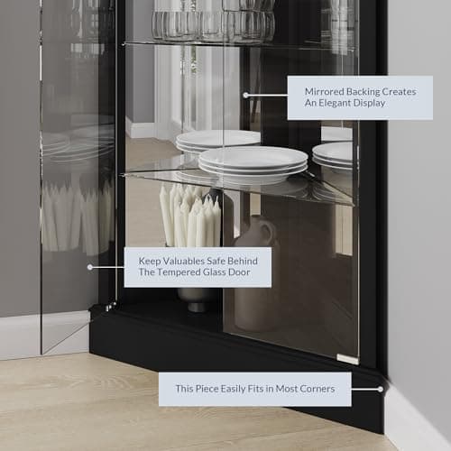 BELLEZE Lighted Corner Display Curio Cabinet Wooden Shelving Unit with Tempered Glass Door, Bar and Liquor Storage Area with 6 Shelves - Woody (Black) 5