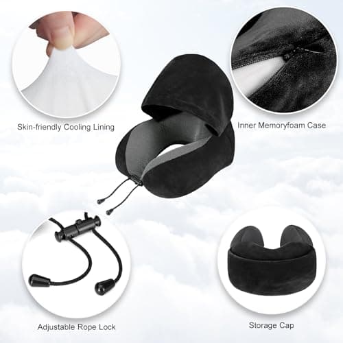 Cirorld Travel Pillow, Neck Pillow for Travel with Hood for Airplane, Velvet Memory Foam Neck Pillow Adult Head & Neck Support, for Long Flights Plane, Office, Cars Sleeping & Rest (Black) 8