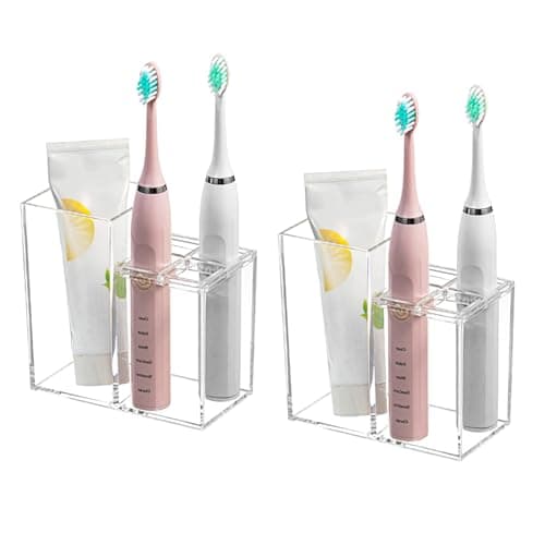 Li-TianFeng Acrylic Toothbrush Holders for Bathrooms, 5 Slots Clear Toothpaste Organizer Removable Compartment Bathroom Accessories Storage Toothbrush Stand for Vanity Countertop(2 pcs)