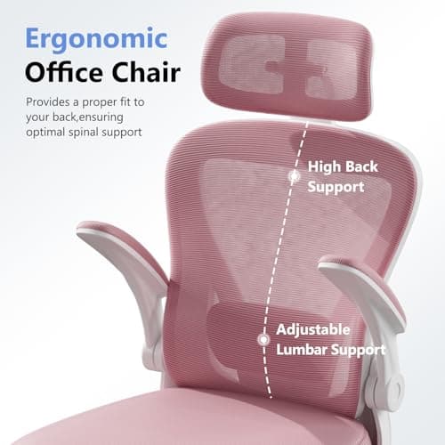 SeekFancy Ergonomic Office Chair M903, Computer Desk Chair with Wheels, High Back Mesh Office Chair with Adjustable Lumbar Support, Headrest, Flip-Up Armrests, Pink 6