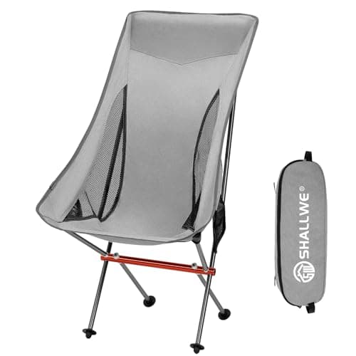 SHALLWE Ultralight High Back Folding Camping Chair, Upgraded 58cm Wide All Aluminum Frame for Adult, Built-in Pillow, Side Pocket & Carry Bag, Compact & Heavy Duty for Outdoor Backpacking(Silver)