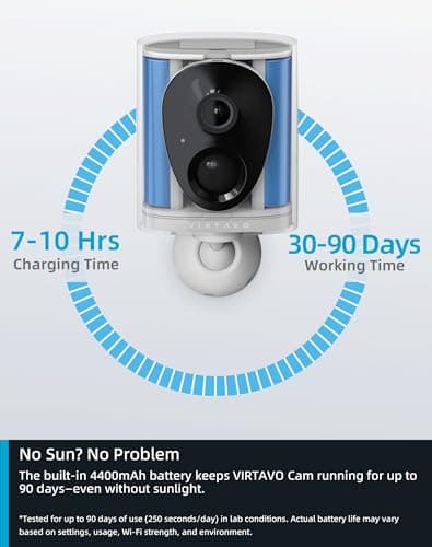 virtavo SolarFlask 2K Solar Security Cameras Wireless Outdoor, Starlight Lens, Color Night Vision, PIR Motion Detection, Battery-Powered, 2-Way Audio, Weatherproof, Cloud/SD Storage, 2.4GHz WiFi 7