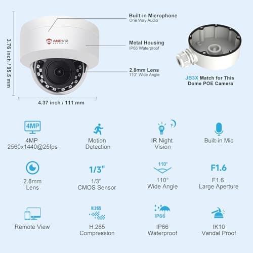 Anpviz 4MP PoE IP Dome Camera with Microphone/Audio, IP Security Camera Outdoor Indoor, 98ft Night Vision, IP66 Waterproof, 2.8mm Wide Angle Lens, 24/7 Recording, Not PTZ, NDAA Complaint (U Series) 9