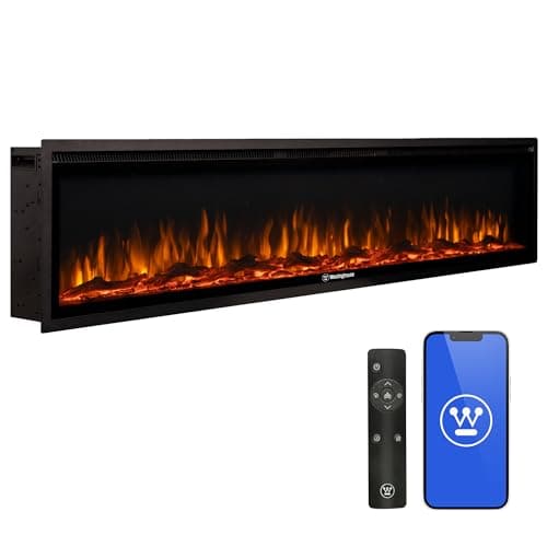 Westinghouse 50 Inch Electric Fireplace Heater, Compatible with Alexa & Google Home, Wall Mount or in-Wall Recessed Fireplace Insert, 24 Hour Timer, Color Changing Flames, 750W/1500W Indoor Heater
