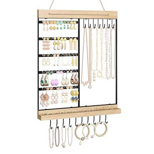Feyejade Hanging Jewelry Organizer, 5-Tier Wall Earring Holder with Wooden Ring Groove, Jewelry Rack Wall Mounted for Earrings, Necklaces, Bracelets and Rings, Jewelry Holder Stand, Black