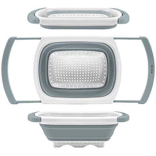 Qimh Collapsible Colander | Over The Sink Silicone Kitchen Strainers and Colanders with Extendable Handles | Veggies, Fruit and Pasta Foldable Strainer for Kitchen, 6-Quart, BPA Free