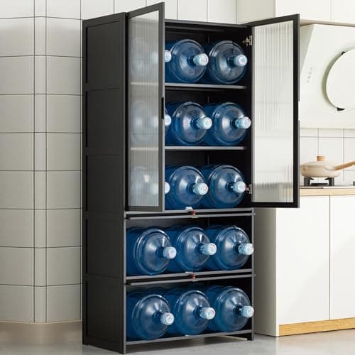 SNVHA-66 Display Cabinet, Curio Display Cabinet with Acrylic Glass Door, Bamboo Storage Cabinet Large Capacity Collectibles Toy Display Case for Living Room, Kitchen, Pantry, Grey 6