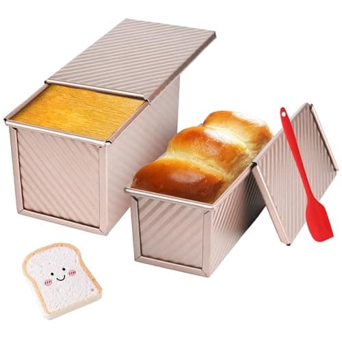 CFGUK 2 Pack Pullman Loaf Pan with Lid, 1 lb/0.5 lb Dough Capacity for Homemade Bread, Non-stick Corrugated Carbon Steel Bread Toast Box with Cover for Bakeware, Sandwich & Toast Oven Baking, Gold