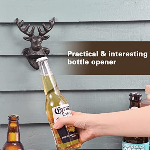 Sungmor Wall Mounted Bottle Opener, Cast Iron Cool Deer Head Bottle Opener, Beer Coke Beverage Bottle Cap Opener, Vintage Rustic Style Wall Hanging Opener, Bar Farmhouse Wall Ornament, Practical Gift 6