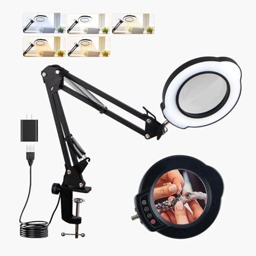 luezoide 12X Magnifying Glass with Light and Clamp, 84 LEDs 5 Color Modes Stepless Dimmable LED Desk Lamp, Desk Magnifying Glass with Light for Crafts Reading Painting Sewing Repair Close Work