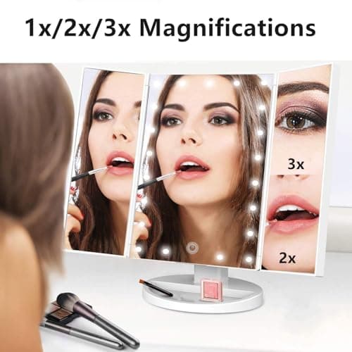 Flymiro Tri-fold Lighted Vanity Makeup Mirror with 3x/2x Magnification,21 LEDs Light and Touch Screen,180 Degree Free Rotation Countertop Cosmetic Mirror,Travel (White) 7