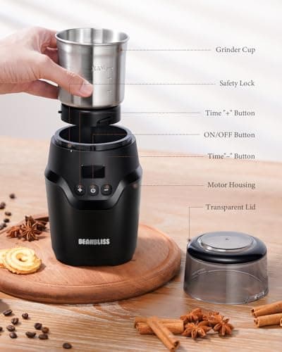 Electric Coffee Grinder - Super Silent Coffee Bean Grinder with Time-Memory Adjustment, Multi-Functional Stainless Steel Cup, Precision Grinding, Perfect for Home and Office Use 5