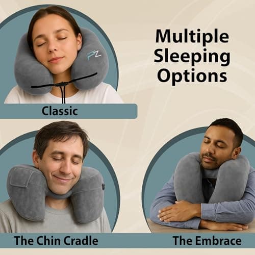 FLOWZOOM Air Inflatable Neck Pillow for Traveling on Plane - H-Shape Hooded Travel Pillow with 5 Snooze Modes, Fast Inflation, Pressure Control, Cozy Clip-On Hood & Plushy Cover - Size L, Silver Gray 6