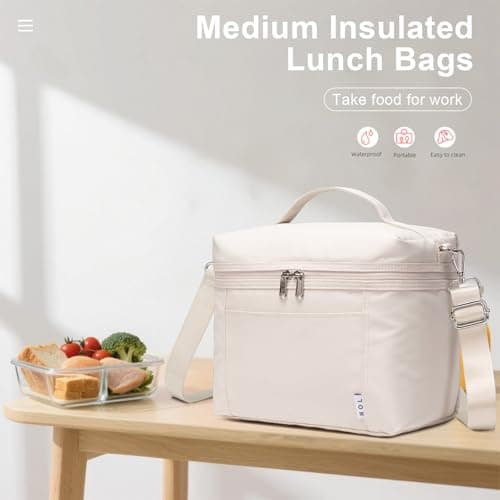 NOL Natural Organic Lifestyle Insulated Lunch Bags for Women Cooler Bag Lightweight Nylon Waterproof Lunch Box For Work（Medium, Cream 7