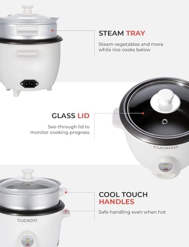 CUCKOO One Touch Rice Cooker 3-Cup (Uncooked) / 6-Cup (Cooked), Mini Rice Cooker & Warmer with Steamer Tray, Versatile Grain Cooker, Soup Maker, Auto Keep Warm, White (CR-0301C) 5