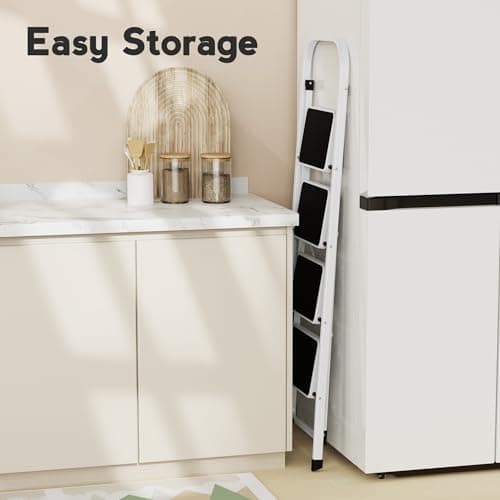 HBTower Step Ladder 4 Step Folding Ladder, Lightweight Portable Stepladder with Anti-Slip Pedal, Ladders with Convenient Handrails,330 lbs Capacity Step Stool for Kitchen, Home,White 5