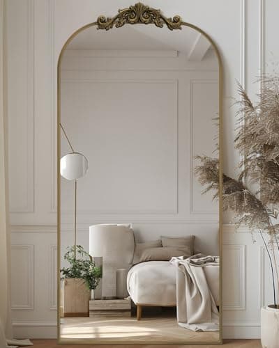 Antok Arched Full Length Mirror, 71"x28" Floor Mirror with Carved Frame, Standing/Wall Hanging Large Mirror for Bedroom, Living Room, Cloakroom, Bronze, Retro Style 8
