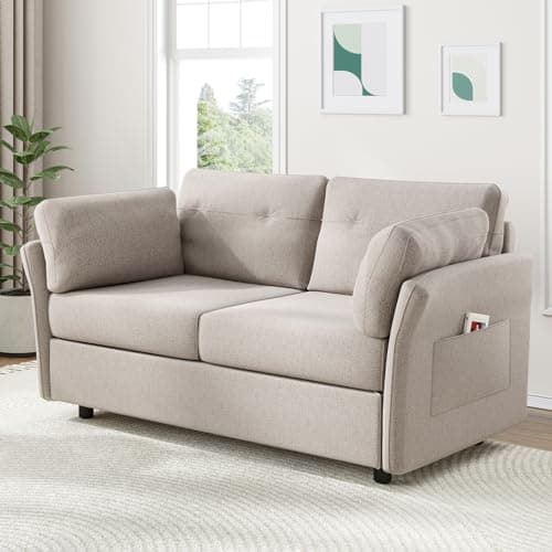 Novilla 57" Loveseat Sofa Small Couch for Living Room, Linen Fabric Upholstered Sofa Couch, Sofa with 2 Bolster Pillows for Apartment, Bedroom, Tool-Free Assembly