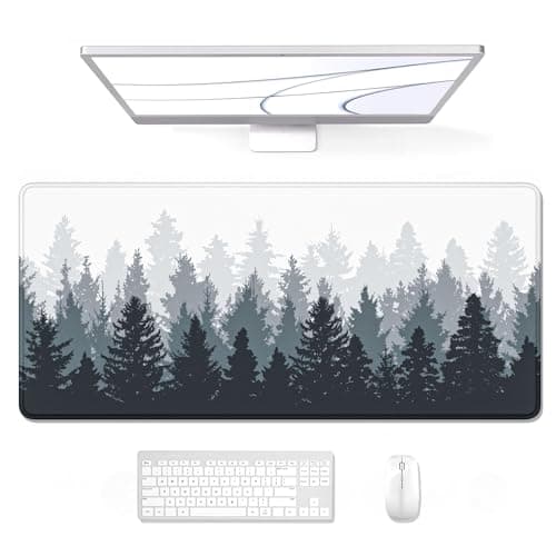 Auhoahsil Large Gaming Mouse Pad, Forest Theme XXL 35.4 x 15.7 in Desk Pad Stitched Non-Slip Rubber Long Computer Mousepad Thin Extended Full Size Desk Mat for Desktop, Laptop, Wireless Mice, White