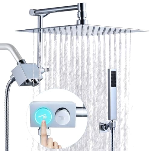 All Metal Rain Shower Head with Handheld Spray, JFJIARUI 10 Inch Rainfall Shower Head with Handheld, Push Button 4-Function Diverter, 14" Extension Arm, 71" Hose, Brass Holder, Polished Chrome
