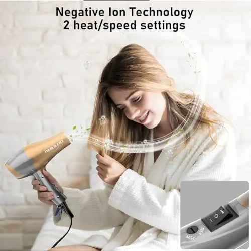 OHJUMP Travel Hair Dryer Blow Dryer with Diffuser, Portable Small Dual Voltage Compact Hairdryer, EU Plug, 1875W Powerful Fast Dry, Folding Handle, Diffuser Hair Dryer Rose Gold 5