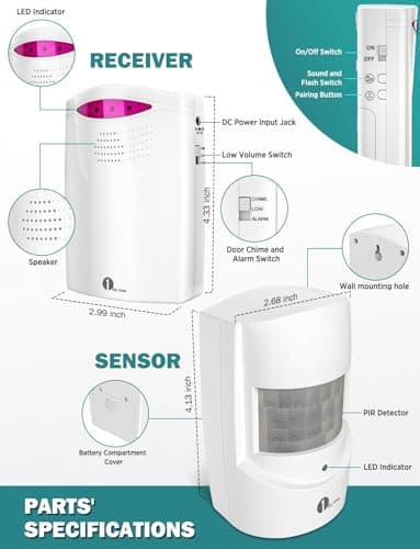 Driveway Alarm Wireless Outside, 1 BY ONE Motion Sensor Alarm 1000ft/300m Range Extra Loud Chimes Security Alarm System with 1 Receiver 2 Weatherproof Infrared Sensors Protect Indoor/Outdoor Property 6