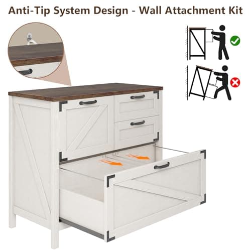 Halitaa Lateral File Cabinet with 4 Drawers Farmhouse File Cabinet for Letter/Legal/A4 Size Hanging Files, Large Wood File Storage Cabinets Printer Stand for Home Office Cabinet, Rustic White 6