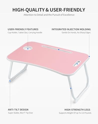 ZEAPTAC Laptop Bed Desk, Foldable Lap Desk, Portable Lap Table, Laptop Stand with Cup Holder & Tablet Slot & Lifting Handle for Working Writing Drawing & Eating - Pink 5