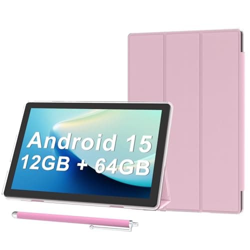 Android 15 Tablet 10 inch Tablets with Case, 12GB RAM + 64GB ROM (Expand to 1TB), Quad Core Processor Tablets, 5G WiFi 6, BT5.0, 1280x800 HD Screen, 6000mAh, Dual Camera, GMS, Widevine L1, Pink