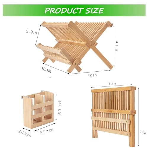 NOVAYEAH Bamboo Dish Drying Rack-2 Tier, Collapsible Small Dish Rack with Utensil Holder, Wooden Drying Rack for Kitchen Counter, Apartment Essentials Kitchen Plate Holder Organization 34 pcs Grid 5