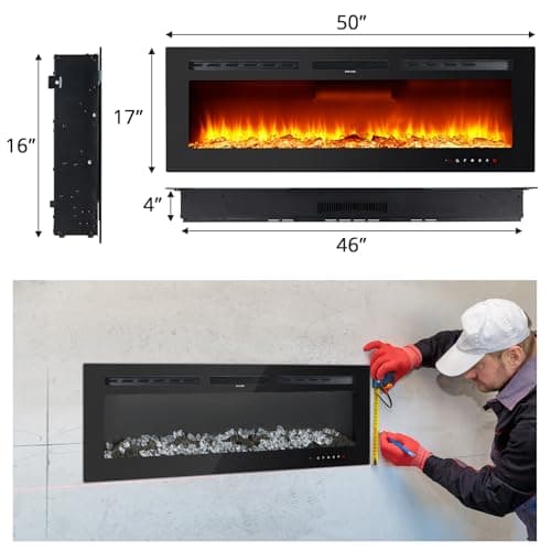 50 in Electric Fireplace Inserts - 1500/750W Ultra Narrow Frame Wall Mounted Fireplaces with 3 Heating Modes - 12 Flame Colors, Remote Control/Timer, Touch Screen, Low Noise 5