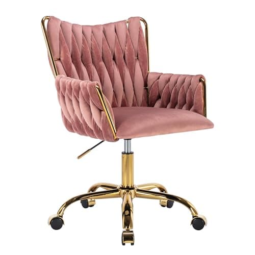 KCC Modern Velvet Home Office Desk Chair with Hand Woven Backrest, Upholstered Adjustable Makeup Vanity Chair with Armrest and Golden Metal Base with Wheels for Living Room Bedroom Study(Rose)