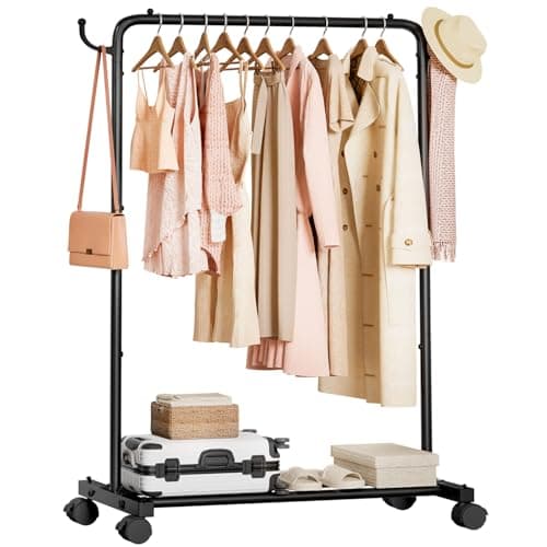 Homde Rolling Clothes Rack with Hooks: Standing Garment Storage for Indoor - Hanging Rod for Bedroom Laundry Room - Coat Dress Organizer on Wheels with luggage shelf (Black, 32")