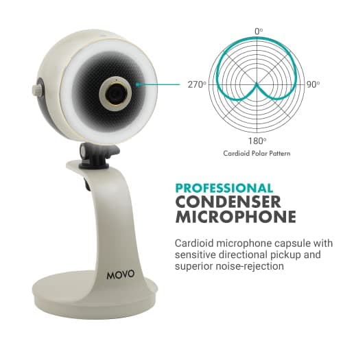 Movo WebMic HD Pro All-in-One Webcam with Mic and Ring Light in Pearl White- 1080p HD Camera, Pro Cardioid Condenser Microphone, LED Ring Light -HD Webcam For Streaming, Video Calls, Recording, Gaming 5