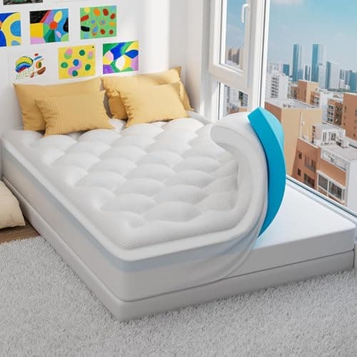 OhGeni Cooling 4 Inch Full Size Dual Layer Mattress Topper, 2 Inch Gel Memory Foam, 2 Inch Soft Pillow Top Pad, Bedroom Essentials Mattresses Cover, Extra Comfortable Sleep and Back Pain Relief