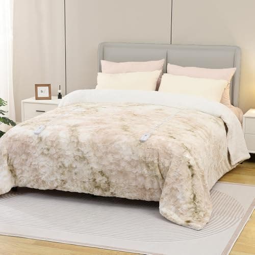 Dowin Electric Blanket King Size, Faux Fur & Sherpa Heated Blankets 100"x 90",Large Dual Controllers Warm Heating Blanket, 5 Heating Levels &10Hrs Auto Off, Over-Heat Protect (Beige) 8