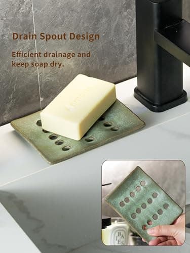 Cormomu Ceramic Soap Dish with Self Drain for Shower, Bar Soap Holder to Lift and Keep Dry, Concave Design to Prevent Slipping, Suitable for Kitchen and Bathroom, Green 8