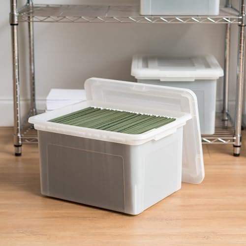 IRIS USA File Box, Plastic File Organizer with Lids for Letter/Legal File, Portable Document Box For Moving, Storage Bin with Durable and Secure Lid, Stackable Nestable BPA-Free, Pearl 35 Qt. 4 Pack 7