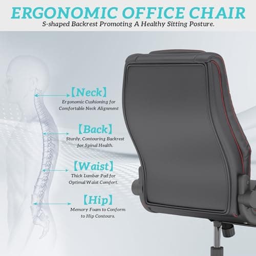 lavimiya Executive Office Chair with Rubber Wheels, Big and Tall Office Chair 400LBS, High Back Leather Computer Desk Chair with Flip-up Armrests and Lumbar Support, Black 6