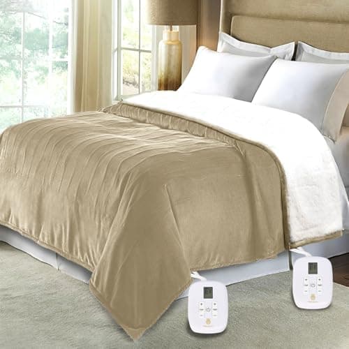 Marquess King Size Electric Blanket with Dual Control,Flannel Sherpa Washable and Comfortable Heated Blanket with 10 Heat Settings, Safety 10 Hours Auto-Off(King, Linen)