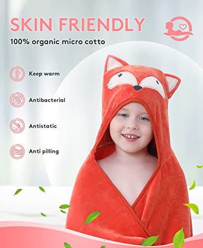 TBEZY Hooded Towel for Kids 100% Cotton Ultra Soft with Unique Animal Design Large for Infants 3-10 Years (Fox) 5