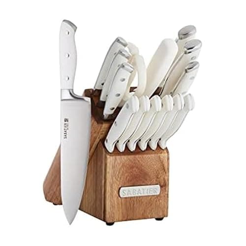 Sabatier 15-Piece Forged Triple Rivet Knife Block Set, High-Carbon Stainless Steel Kitchen Knives, Razor-Sharp Knife set with Acacia Wood Block, White Handles