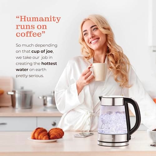 Speed-Boil Electric Kettle For Coffee & Tea - 1.7L Water Boiler 1500W, Borosilicate Glass, Easy Clean Wide Opening, Auto Shut-Off, Cool Touch Handle, LED Light. 360° Rotation, Boil Dry Protection 8