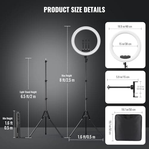Ring Light with Stand, 19in LED Selfie Circle Light, Max 8ft/2.5m Tripod Stand, 3 Holders for iPhone, Remote Control, 6300K Color Temperature for Live Streaming, Barber, Makeup, YouTube, Tiktok 6