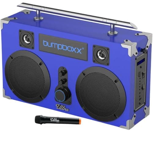 Bumpboxx Bluetooth Boombox Ultra Plus | Retro Boombox with Bluetooth Speaker | Includes Rechargeable Lithium Battery, Carrying Strap & Mic | Easy to Carry | Blue