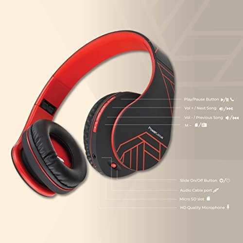 PowerLocus Bluetooth Over-Ear Headphones, Wireless Stereo Foldable Headphones Wireless and Wired Headsets with Built-in Mic, Micro SD/TF, FM for iPhone/Samsung/iPad/PC (Black/Red) 5