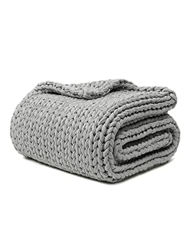 YnM 100% Cotton Weighted Blanket, Handmade Chunky Knitted Throw, No fillers Design, Soft and Breathable, Machine Washable Bed Blanket for Sleep or Home Decor (Lighte Grey, 40x50 Inch, 10lbs)